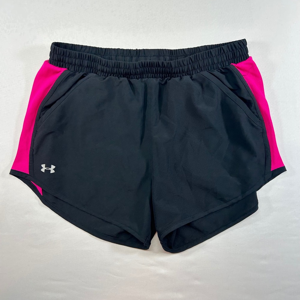 Under Armour Womens Fly-By Running Shorts Black Pink Ribbon Breast Cancer Small